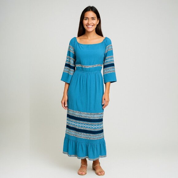 Greek Bohemian Cottagecore Blue Maxi Dress Ethnic Embroidered Prairie Festival - Picture 4 of 14